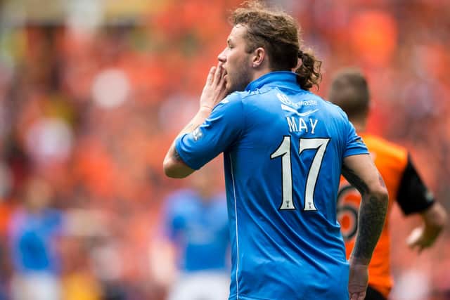 St Johnstone striker Stevie May shouts out some instructions to teammates during the Scottish Cup final victory over Dundee United n 2014 - it was played on 17 May