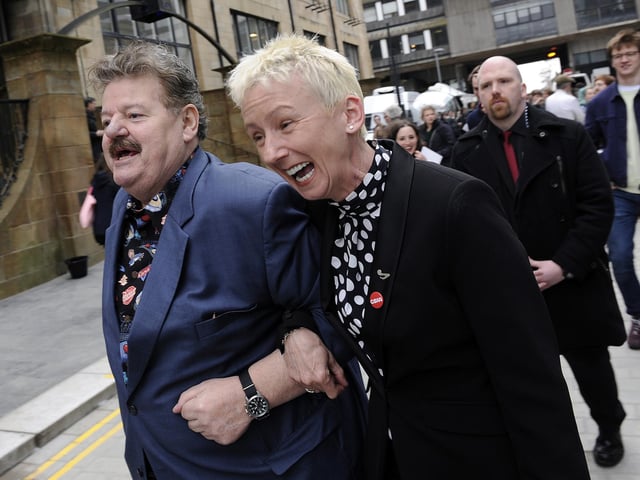 April 2014 - at the opening of Glasgow School of Art's new Reid Building. Robbie Coltrane and Muriel Gray.