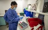 A pathology trainee biomedical scientist (BMS) in microbiology, prepares Covid-19 tests for analysis in the laboratory at Whiston Hospital in Merseyside in October 2020.