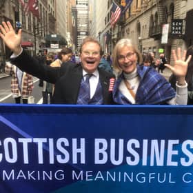 Joe Goldblatt and his wife Nancy Lynner, dressed in the new 'Clan MacGoldblatt' tartan, take part in the Tartan Day Parade in New York City in April this year