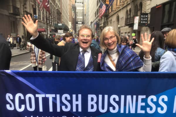 Joe Goldblatt and his wife Nancy Lynner, dressed in the new 'Clan MacGoldblatt' tartan, take part in the Tartan Day Parade in New York City in April this year
