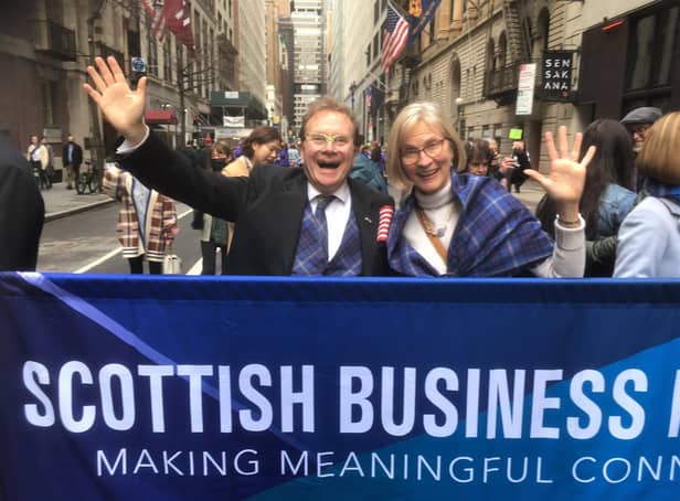 Joe Goldblatt and his wife Nancy Lynner, dressed in the new 'Clan MacGoldblatt' tartan, take part in the Tartan Day Parade in New York City in April this year