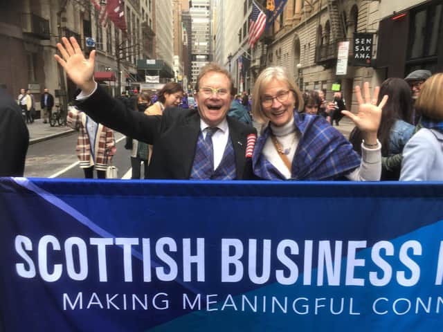 Joe Goldblatt and his wife Nancy Lynner, dressed in the new 'Clan MacGoldblatt' tartan, take part in the Tartan Day Parade in New York City in April this year