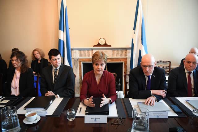 Scotland's WhatsApp-deleter-in-chief, Nicola Sturgeon, chairs her final Cabinet meeting in March last year (Picture: Andy Buchanan/pool/Getty Images)