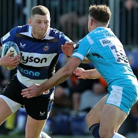 Bath's Finn Russell takes on Sale's George Ford during the Gallagher Premiership match at the Recreation Ground. (Photo by David Rogers/Getty Images)