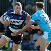 Bath's Finn Russell takes on Sale's George Ford during the Gallagher Premiership match at the Recreation Ground. (Photo by David Rogers/Getty Images)