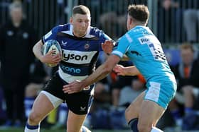 Bath's Finn Russell takes on Sale's George Ford during the Gallagher Premiership match at the Recreation Ground. (Photo by David Rogers/Getty Images)