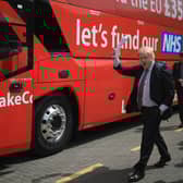 Boris Johnson boards the notorious Vote Leave Brexit Battle Bus in May 2016 (Picture: Christopher Furlong/Getty Images)
