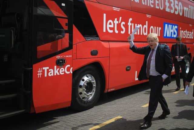 Boris Johnson boards the notorious Vote Leave Brexit Battle Bus in May 2016 (Picture: Christopher Furlong/Getty Images)