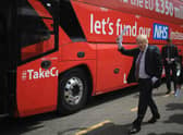 Boris Johnson boards the notorious Vote Leave Brexit Battle Bus in May 2016 (Picture: Christopher Furlong/Getty Images)
