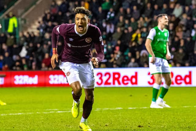 Sean Clare celebrates after scoring to make it 1-0 Hearts during the derby at Easter Road in March Photo: Ross Parker / SNS Group