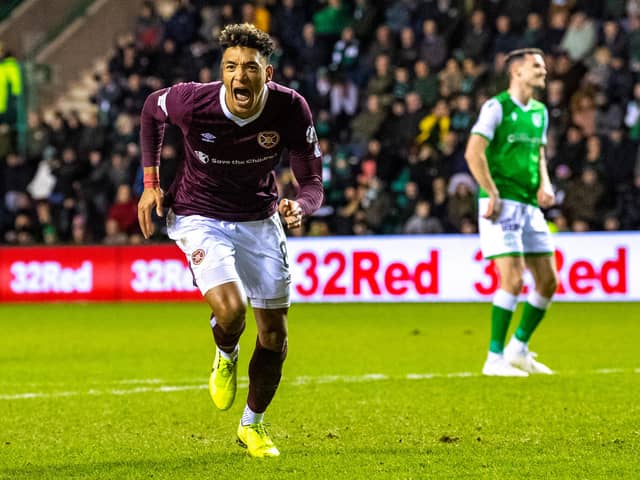 Sean Clare celebrates after scoring to make it 1-0 Hearts during  the derby at Easter Road in March  Photo: Ross Parker / SNS Group