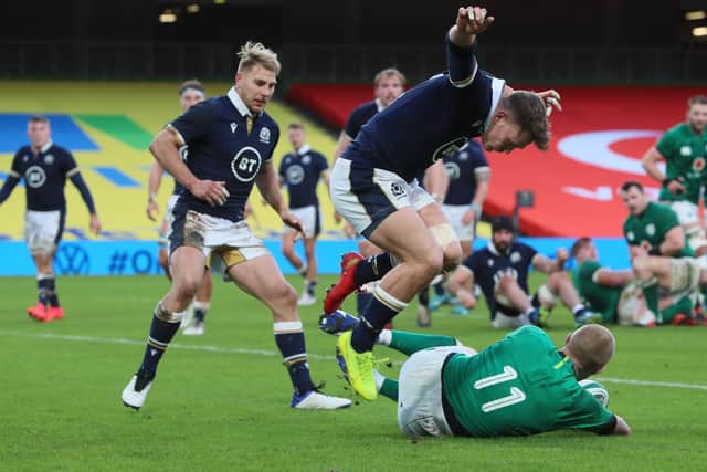 Keith Earls goes over to score Ireland's breakthrough try two minutes before half-time. The winger added a second after the interval. Picture: Brian Lawless/Getty Images