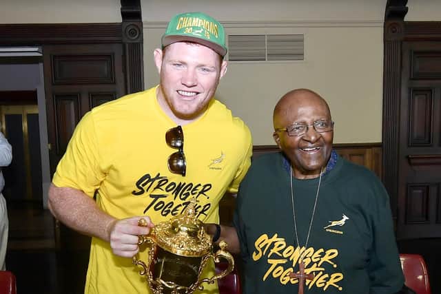 Stormers prop Steven Kitshoff with the late Archbishop Desmond Tutu after South Africa's Rugby World Cup triumph in 2019. (Photo by Ashley Vlotman/Gallo Images/Getty Images)