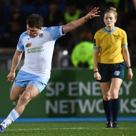 Glasgow's Duncan Weir with a penalty during a United Rugby Championship match between Glasgow Warriors and Edinburgh Rugby at Scotstoun Stadium.