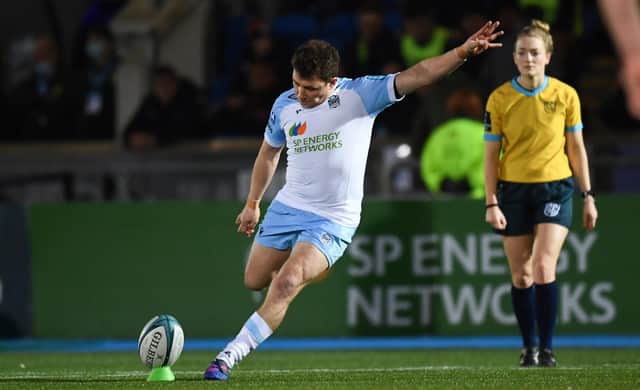 Glasgow's Duncan Weir with a penalty during a United Rugby Championship match between Glasgow Warriors and Edinburgh Rugby at Scotstoun Stadium.