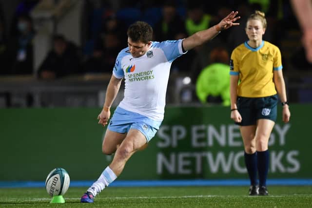 Glasgow's Duncan Weir with a penalty during a United Rugby Championship match between Glasgow Warriors and Edinburgh Rugby at Scotstoun Stadium.