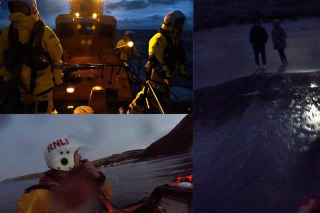 UK Coastguard tasked the RNLI Dunbar lifeboats to help two people who had been cut off by the tide at Pease Bay at 6.15pm and then at 9.25pm, both boats launched to join a multi-agency search around the site of the old swimming pool after receiving a report of a person in the water.