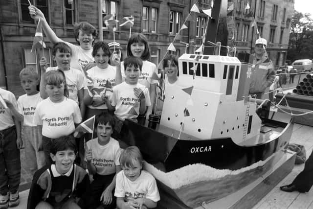 Children on the Forth Ports Authorty float (with OXCAR) take part in the Leith Pageant, which opens Leith Festival, in June 1987  Pic: Stan Warburton