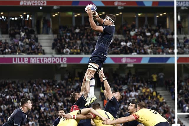 Scotland lock Sam Skinner (top) catches a line-out during the win over Romania. (Photo by Sameer Al-Doumy / AFP) (Photo by SAMEER AL-DOUMY/AFP via Getty Images)