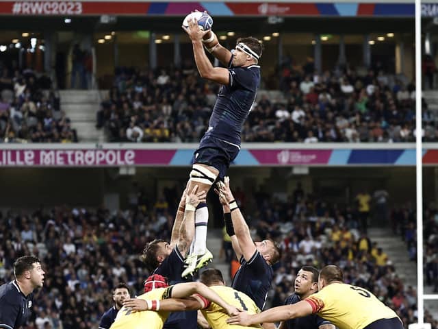 Scotland lock Sam Skinner (top) catches a line-out during the win over Romania. (Photo by Sameer Al-Doumy / AFP) (Photo by SAMEER AL-DOUMY/AFP via Getty Images)