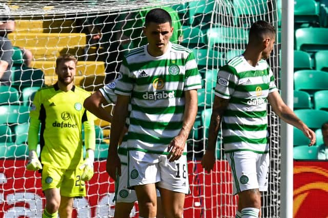 The dejection shows on Celtic faces after the concession of a sixth goal in their friendly lashing by West Ham.  (Photo by Rob Casey / SNS Group)