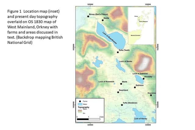 Map which shows Loch of Harray (bottom right) and Birsay (top left) which were  both connected by the ancient waterway. PIC: Contributed.