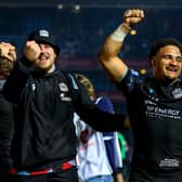 Joy for Sione Tuipulotu, right, at full-time as Glasgow Warriors celebrate their victory over Vodacom Bulls in the United Rugby Championship final at Loftus Versfeld in Pretoria, South Africa. (Photo by Gordon Arons/Gallo Images/Getty Images)