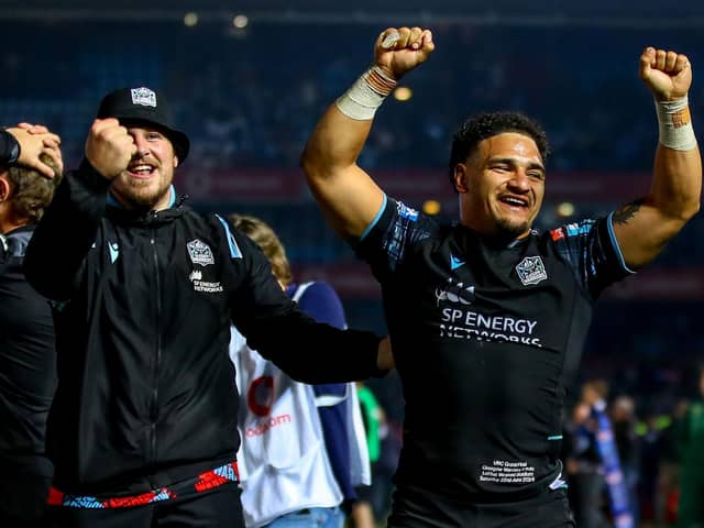 Joy for Sione Tuipulotu, right, at full-time as Glasgow Warriors celebrate their victory over Vodacom Bulls in the United Rugby Championship final at Loftus Versfeld in Pretoria, South Africa. (Photo by Gordon Arons/Gallo Images/Getty Images)
