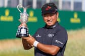 Korea's KJ Choi shows off the trophy after winning the Senior Open Championship presented by Rolex at Carnoustie Golf Links. Picture: Kenny Smith/Getty Images.