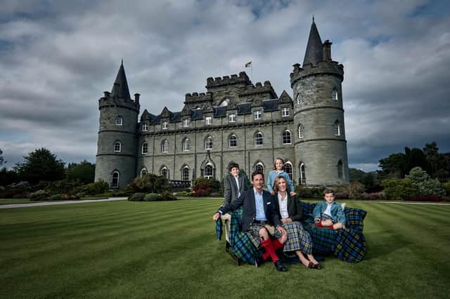 The Duke and Duchess of Argyll, Torquhil and Eleanor Campbell, at home at Inverary Castle with their three children. PIC: Contributed.