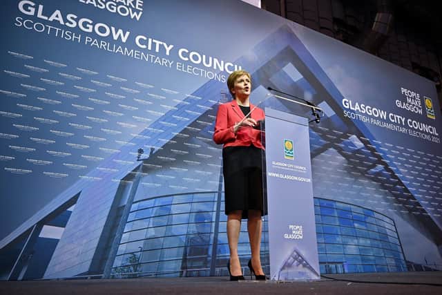 First Minister Nicola Sturgeon gives her acceptance speech after being declared the winner of the Glasgow Southside seat. Picture: Jeff J Mitchell/Getty Images