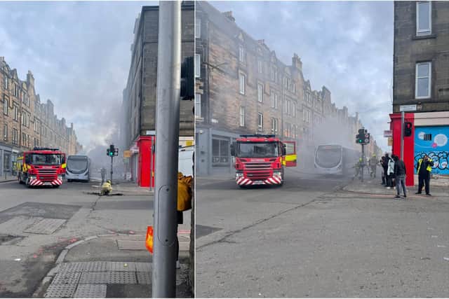 A First bus on fire in Gorgie Road, Edinburgh, in March. Picture: @AngelaS09