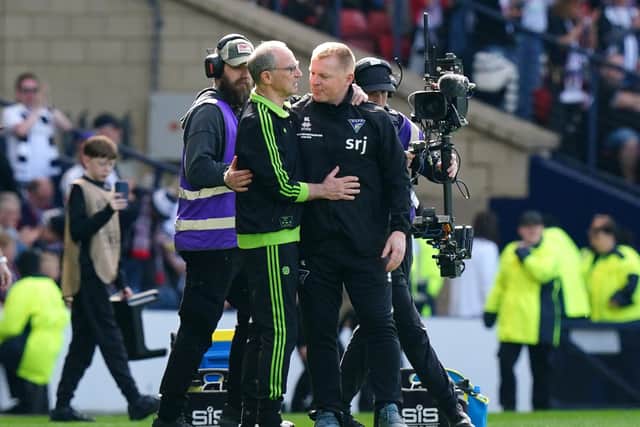Two former Northern Ireland internationals - Martin O'Neill and Neil Lennon - after Saturday's Scottish Cup final. (Photo by Jane Barlow/PA Wire)