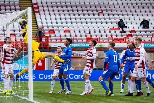 Bongani Zungu (number 15) in the thick of the action as Hamilton Accies goalkeeper Ryan Fulton clutches the ball under his crossbar during the 1-1 draw with Rangers on Sunday. (Photo by Alan Harvey / SNS Group)