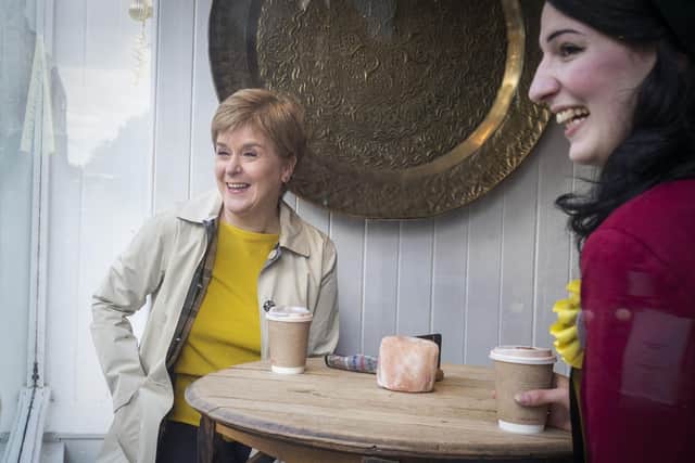 Nicola Sturgeon enjoyed a coffee with Edinburgh Southern SNP candidate Catriona MacDonald at the Maytree coffee shop   Photo: Jane Barlow/PA Wire
