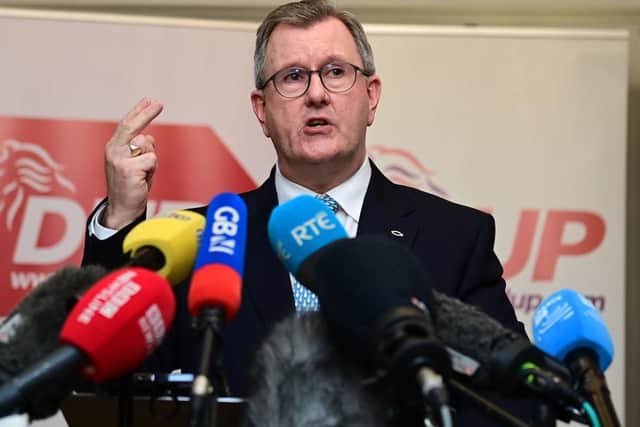 Democratic Unionist Party (DUP) leader Sir Jeffrey Donaldson addresses the media following a meeting with 120 executive members of the DUP on a possible deal to restore the devolved government in Belfast, Northern Ireland.