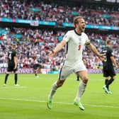 England captain Harry Kane celebrates after scoring his team's second goal in the 2-0 defeat of Germany at Wembley on Tuesday. (Photo by Catherine Ivill/Getty Images)