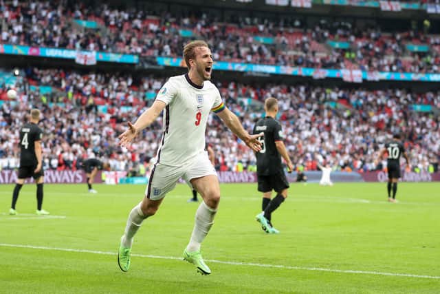 England captain Harry Kane celebrates after scoring his team's second goal in the 2-0 defeat of Germany at Wembley on Tuesday. (Photo by Catherine Ivill/Getty Images)