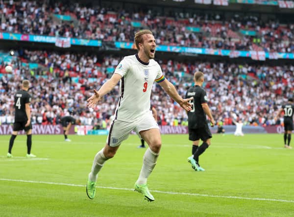 England captain Harry Kane celebrates after scoring his team's second goal in the 2-0 defeat of Germany at Wembley on Tuesday. (Photo by Catherine Ivill/Getty Images)