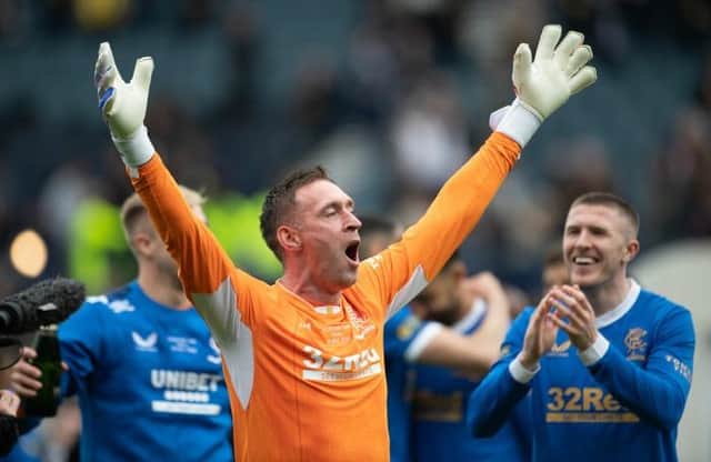 Rangers goalkeeper Allan McGregor celebrates after the Scottish Cup final victory over Hearts at Hampden. (Photo by Paul Devlin / SNS Group)