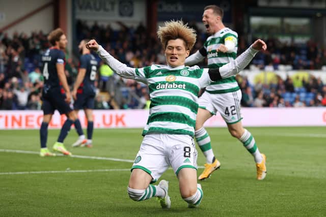 Celtic's Kyogo Furuhashi elation looks electrifying as the Japanese striker celebrates his first goal on the season that broke the deadllock in the champions 3-1 win at Dingwall. (Photo by Craig Williamson / SNS Group)