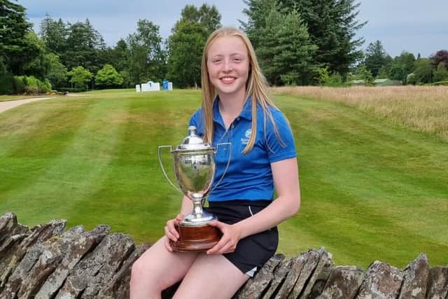 Freya Constable of Prestonfield with her trophy after winning the Scottish Girls' Championship at Auchterarder. Picture: Scottish Golf.