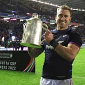 Stuart Hogg celebrates with the Calcutta Cup after Scotland beat England at BT Murrayfield in the 2022 Six Nations.  (Photo by Craig Williamson / SNS Group)