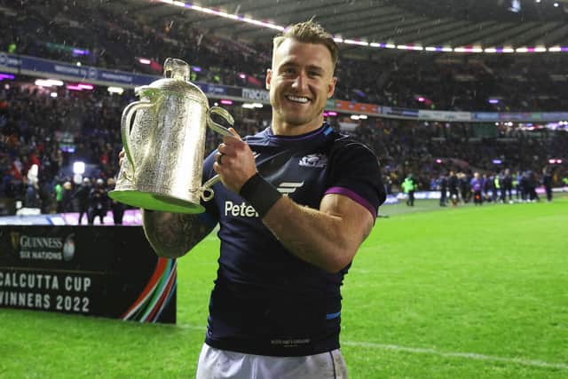 Stuart Hogg celebrates with the Calcutta Cup after Scotland beat England at BT Murrayfield in the 2022 Six Nations. (Photo by Craig Williamson / SNS Group)