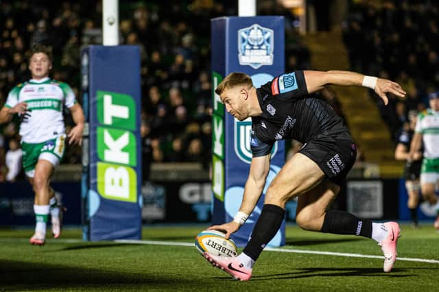 Kyle Steyn runs in the second of his two tries in Glasgow Warriors' big win over Benetton at Scotstoun Stadium. (Photo by Craig Williamson / SNS Group)