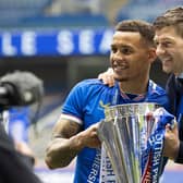 Rangers captain James Tavernier and manager Steven Gerrard with the Scottish Premiership Trophy at full time during the Scottish Premiership match  between Rangers and Aberdeen  at Ibrox Stadium, on May 15, 2021, in Glasgow, Scotland. (Photo by Craig Williamson / SNS Group)
