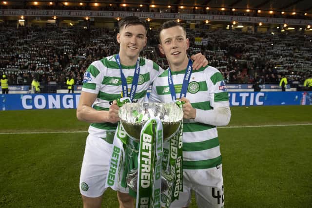 Callum McGregor celebrates Celtic's 2018 Betfred Cup win with Kieran Tierney and is now enjoying watching the full-back in his role as Arsenal main man in the docuseries going behind the scenes at the London club. (Photo by Craig Williamson/SNS Group).