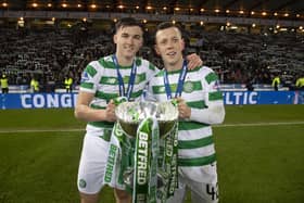 Callum McGregor celebrates Celtic's 2018 Betfred Cup win with Kieran Tierney and is now enjoying watching the full-back in his role as Arsenal main man in the docuseries going behind the scenes at the London club. (Photo by Craig Williamson/SNS Group).
