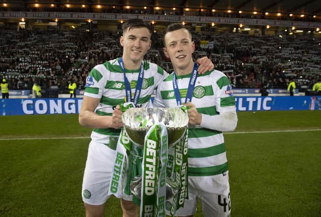 Callum McGregor celebrates Celtic's 2018 Betfred Cup win with Kieran Tierney and is now enjoying watching the full-back in his role as Arsenal main man in the docuseries going behind the scenes at the London club. (Photo by Craig Williamson/SNS Group).